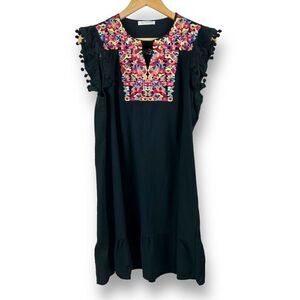 Kirundo Womens Size L Short Sleeve Colorful Embroidered Dress Pom Pom Fringe Hem